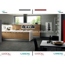 Luccart Factory Design Gabinete de cozinha com bancada de acrílico branco, porta de folheado de teca